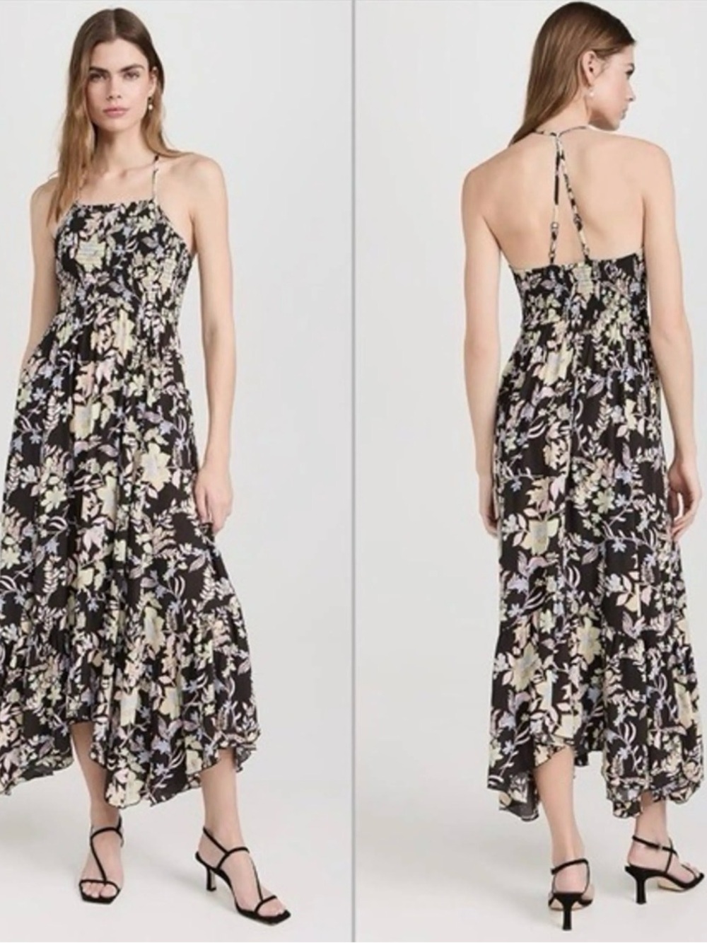 Free People Heat Wave Floral Smocked Halter Maxi Dress Handkerchief Hem M